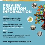 Bognor Coastal Art Trail exhibition information poster displaying artwork samples and event details on a blue background.