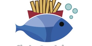 Cartoon fish with fries in a red box behind it, bubbles, and text reading 