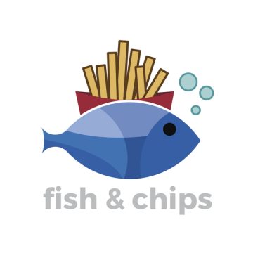 Cartoon fish with fries in a red box behind it, bubbles, and text reading