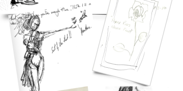 Collage of five black and white sketches featuring architectural buildings, human figures, and handwritten notes.