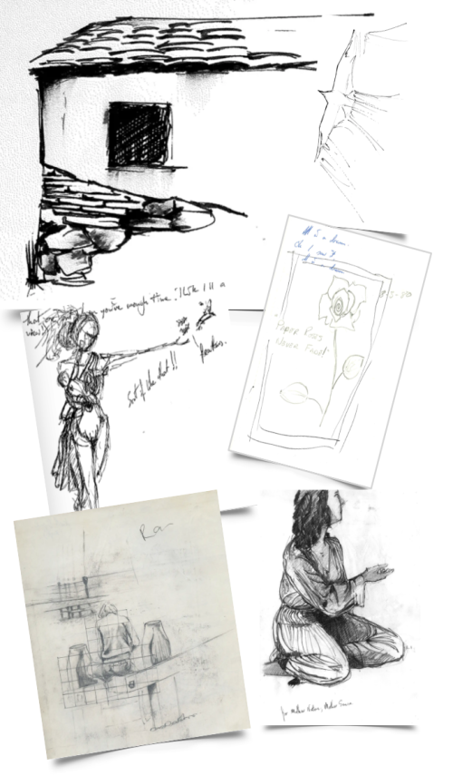 Collage of five black and white sketches featuring architectural buildings, human figures, and handwritten notes.