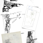 A collage of black and white sketches displays buildings, people, and abstract shapes on white paper.