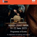 A person carves a large wooden sphere while promoting Sussex Craft Week 2025 event details.